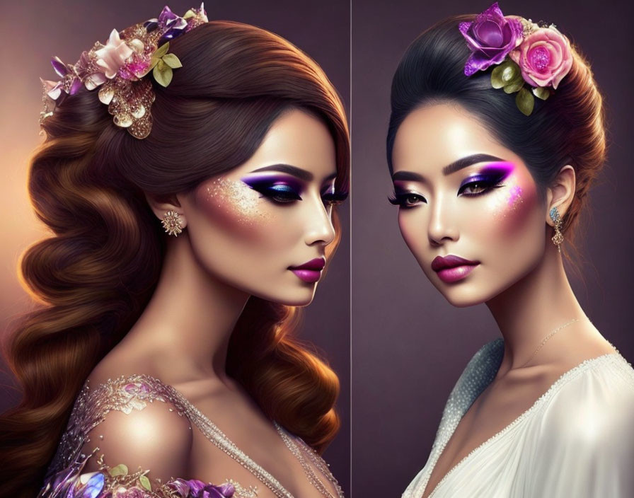 Dual portrait of women with artistic makeup and floral hair accessories