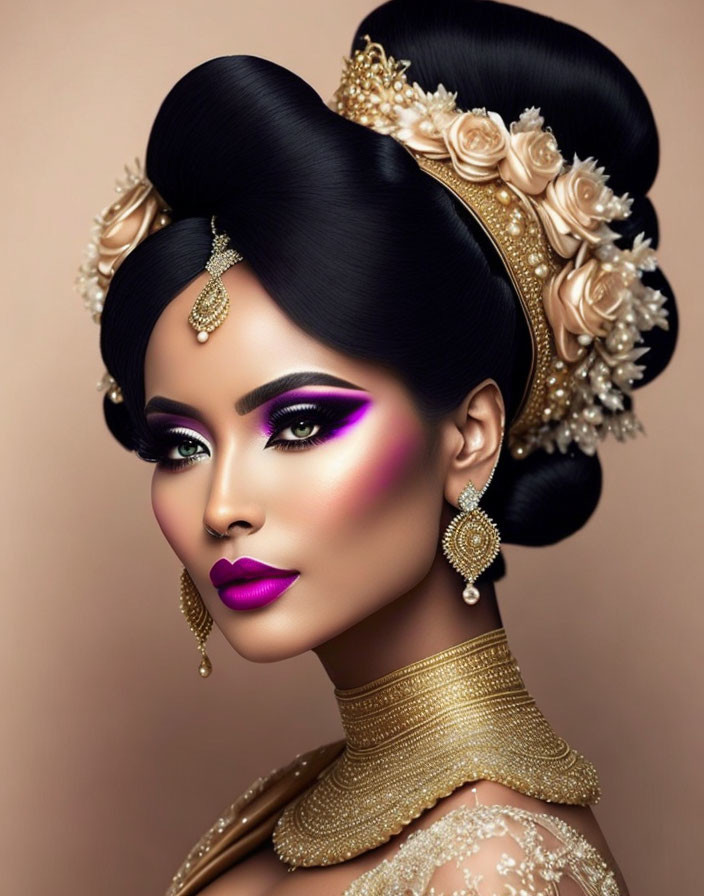 Portrait of Woman with Elaborate Updo and Dramatic Makeup