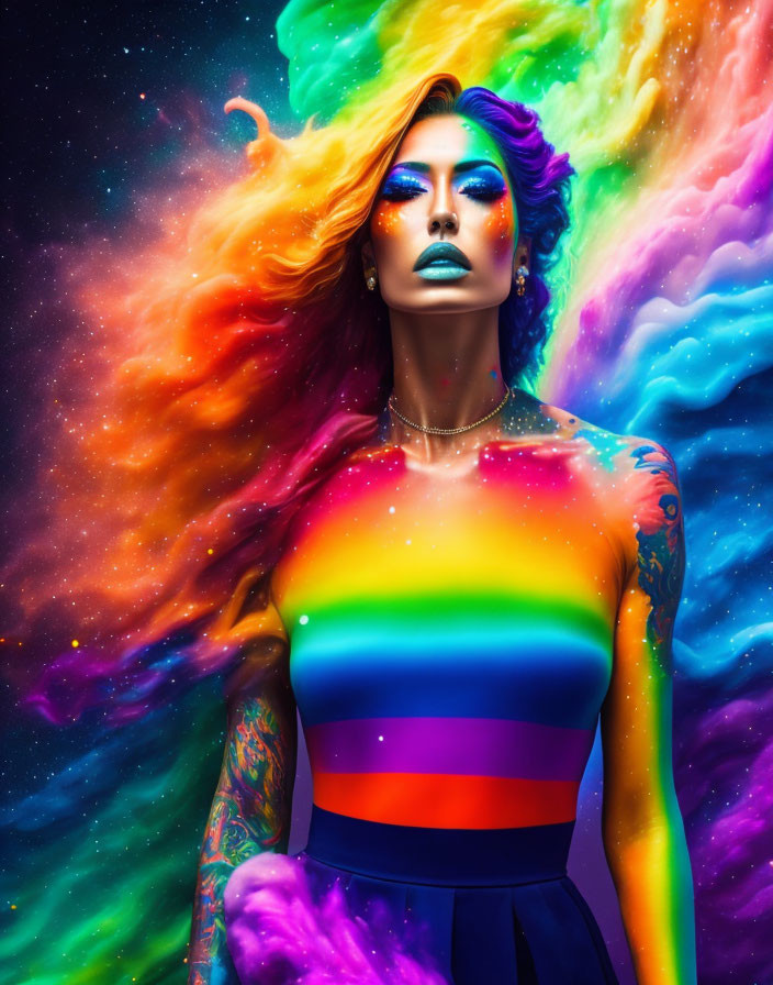 Vibrant rainbow-colored woman against cosmic nebula background