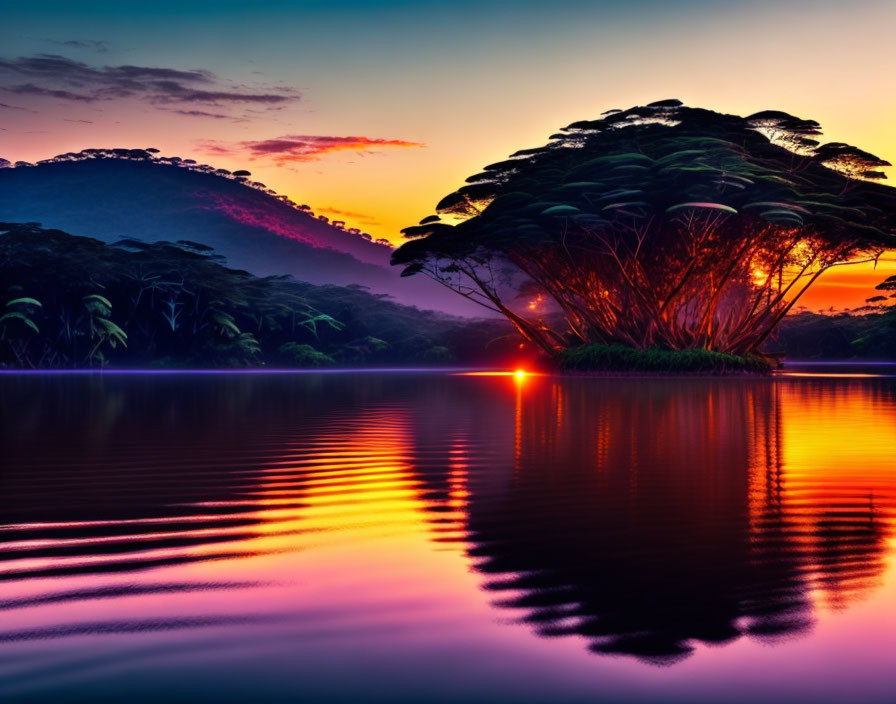 Scenic sunset with purple and orange hues reflecting on calm waters near solitary tree