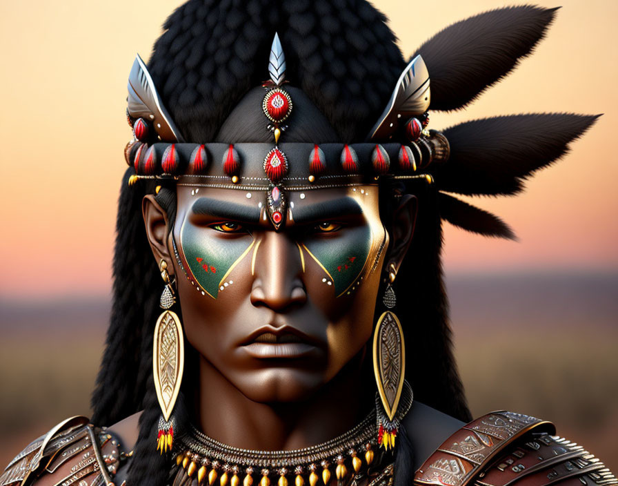 Digital artwork of person in indigenous attire with feathered headdress, face paint, and jewelry against sunset