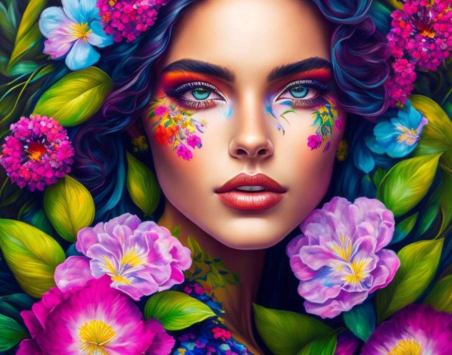 Colorful digital illustration: Woman with blue hair and floral makeup