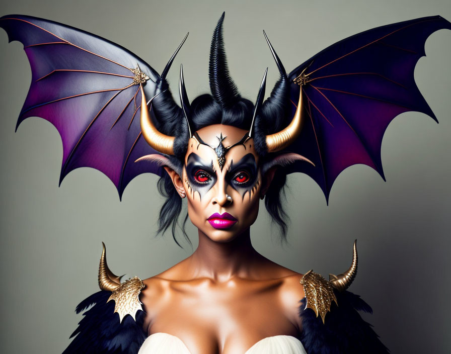 Person with dramatic makeup resembling mythical creature with bat wings, golden horns, and black feathers.