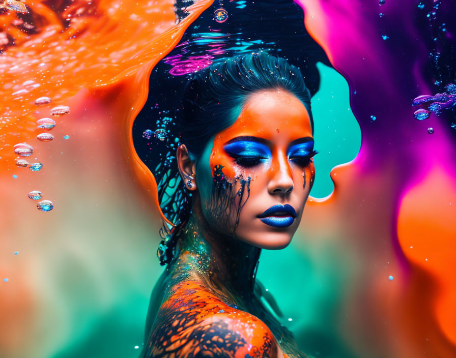 Vibrant body paint and dramatic makeup with swirling colors and bubbles