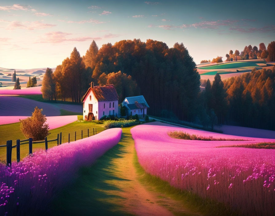 Tranquil rural sunset scene with cottage, lavender fields & rolling hills