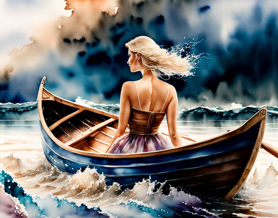 Woman in dress sitting in boat with flowing hair against dramatic sky and turbulent sea.