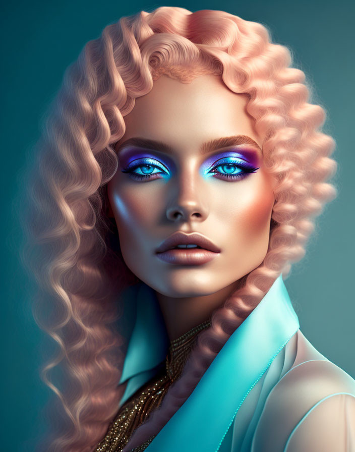 Voluminous curly hair and blue eyeshadow on a digital portrait.