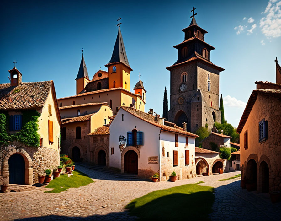 European Village with Terracotta Roofs and Cobblestone Street