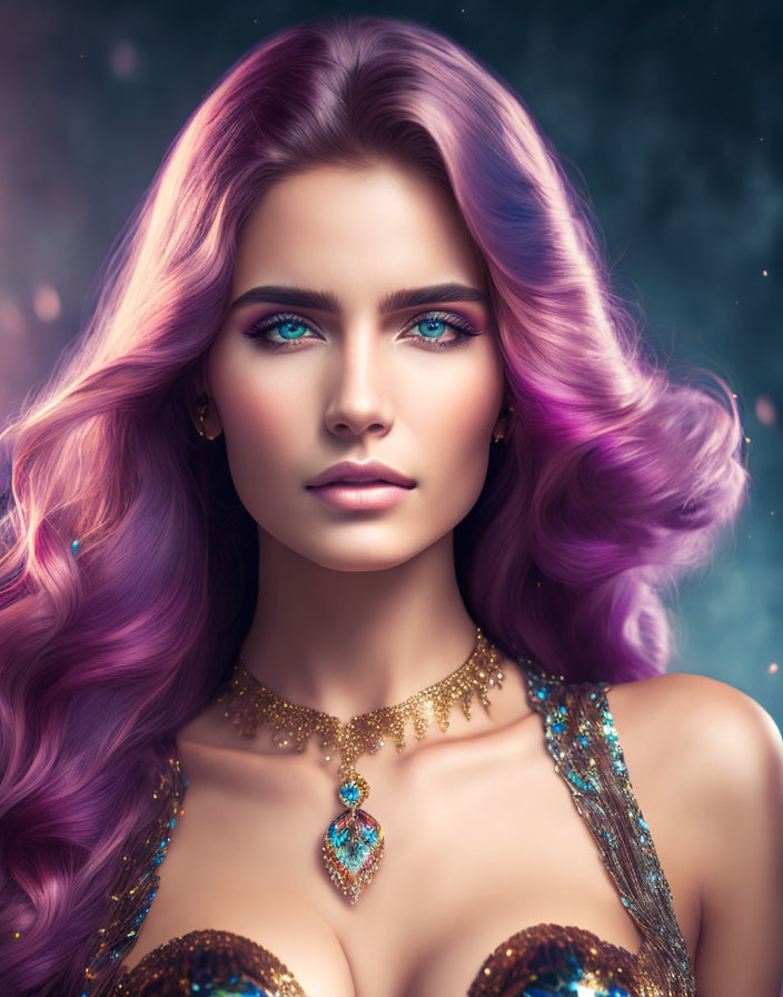 Digital Artwork: Woman with Purple Hair, Blue Eyes, and Golden Accessories