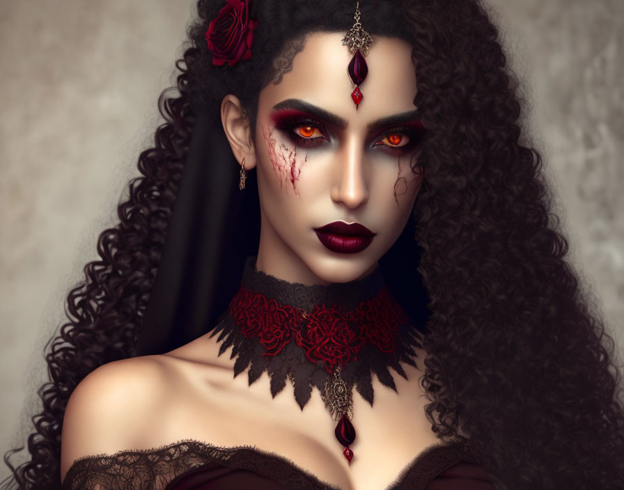 Dark Curly Hair Woman Portrait with Red Eyes and Gothic Jewelry