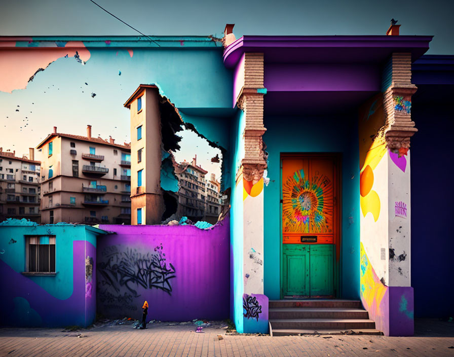 Vibrant orange door and purple walls on colorful building facade