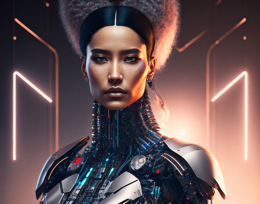 Futuristic cybernetic woman art in neon-lit setting