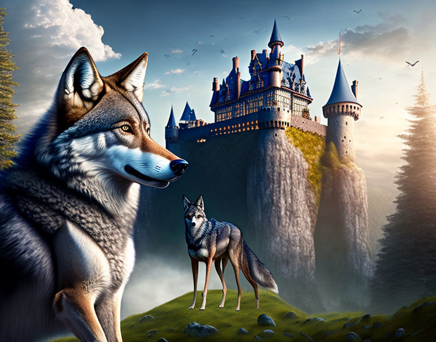 Majestic wolf in fantastical landscape with castle and birds