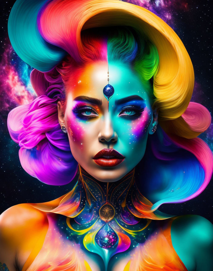 Colorful digital artwork: Woman with cosmic makeup in starry space