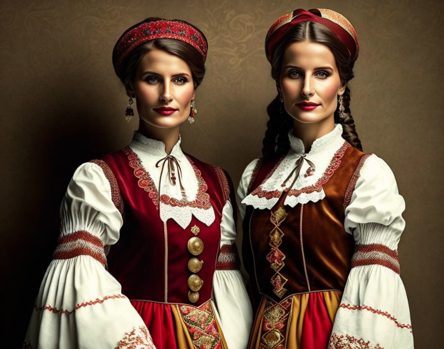 Traditional folk costumes worn by two women in embroidered blouses and red headpieces on brown backdrop