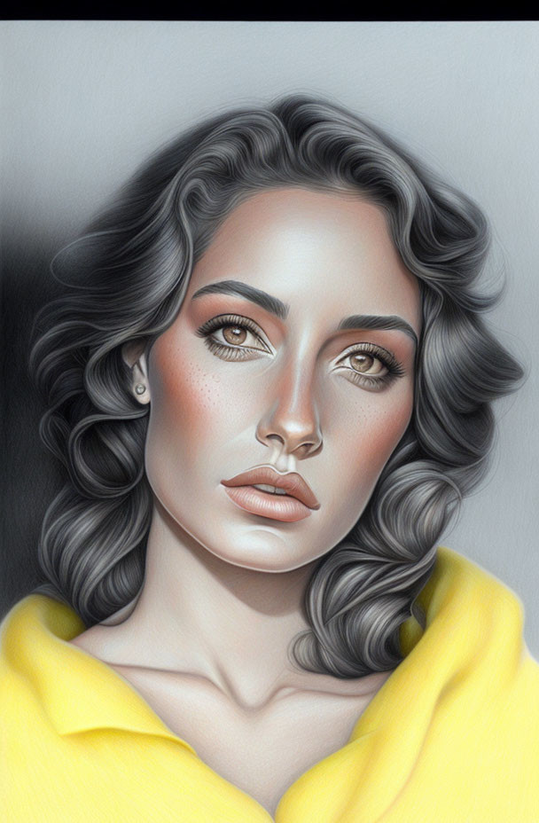 Digital portrait of woman with wavy hair and striking eyes in yellow top against grey background