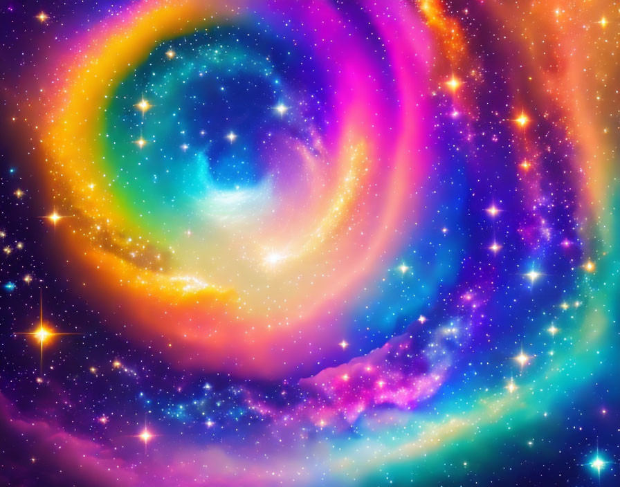 Colorful Rainbow Galaxy Swirl Against Deep Space Background