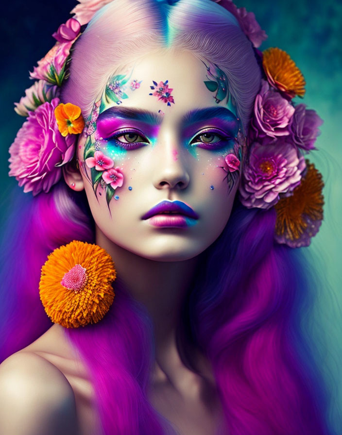 Vivid purple hair with floral makeup and colorful flowers