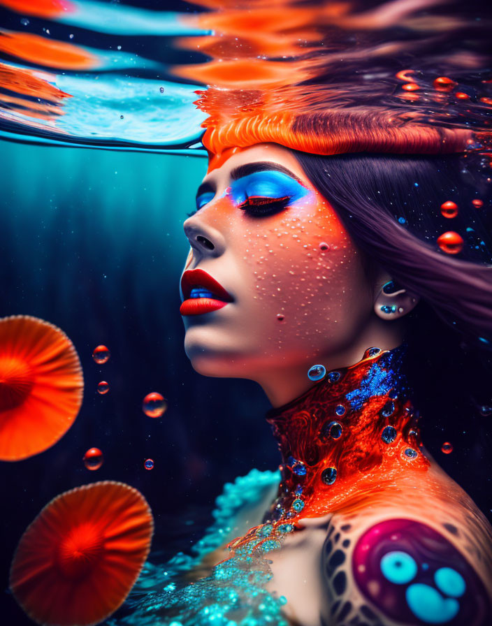 Woman with vivid makeup and body art underwater with bubbles and orange slices.