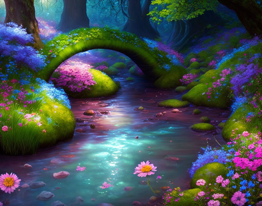 Lush Greenery, Serene Stream, Stone Bridge: Mystical Forest Scene