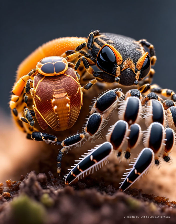 Detailed Close-Up of Orange and Black Jumping Spider on Textured Surface