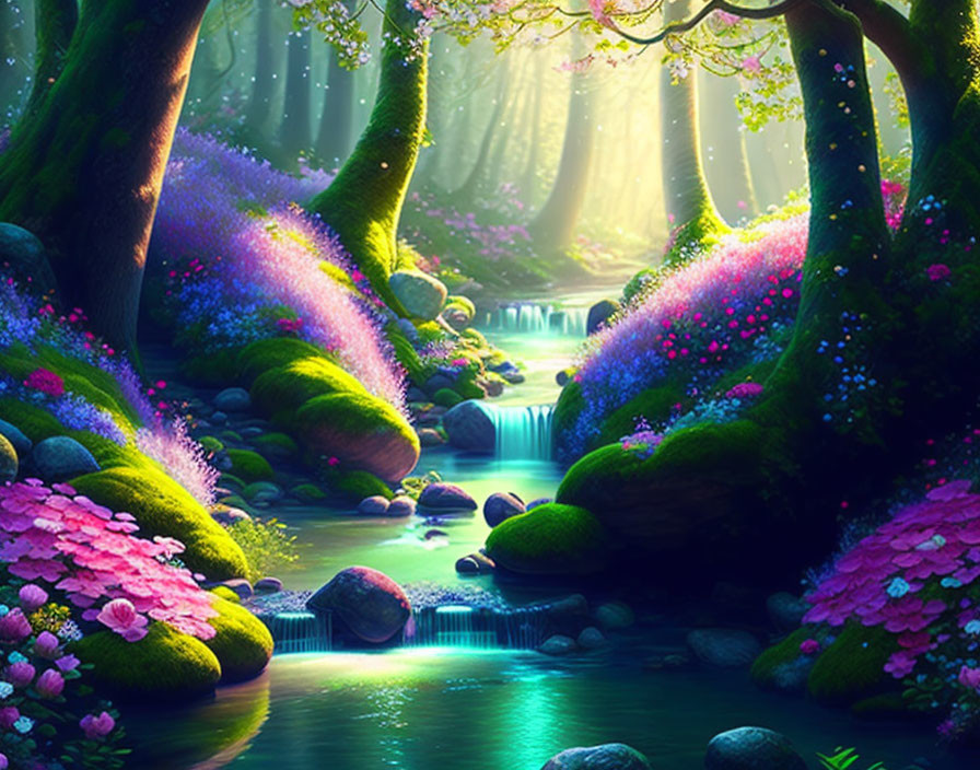 Tranquil forest landscape with river, flowers, moss-covered stones