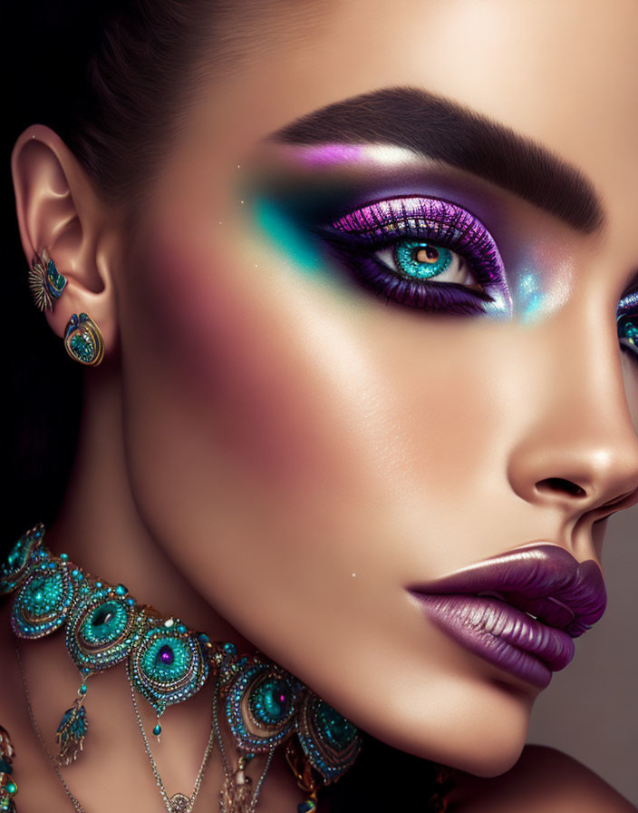 Woman with Vibrant Purple Eyeshadow and Teal Jewelry