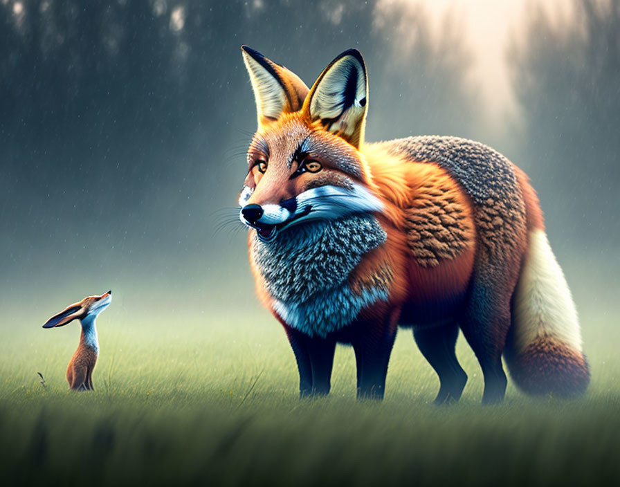 Detailed Red Fox Meeting Curious Rabbit in Misty Field