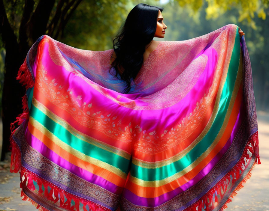 Woman with long hair in autumnal setting, wearing vibrant shawl