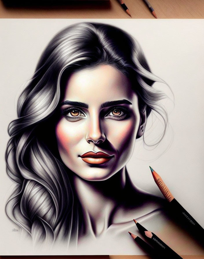 Realistic colored pencil drawing of a woman with wavy hair and makeup next to a pencil on a