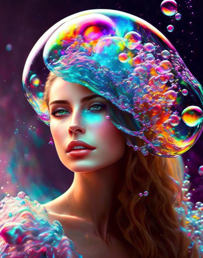 Vibrant digital artwork: Woman with iridescent bubble hat against cosmic backdrop