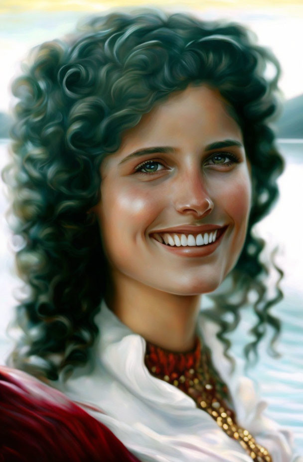 Smiling woman portrait with curly hair, white outfit, gold necklace, blurred water background