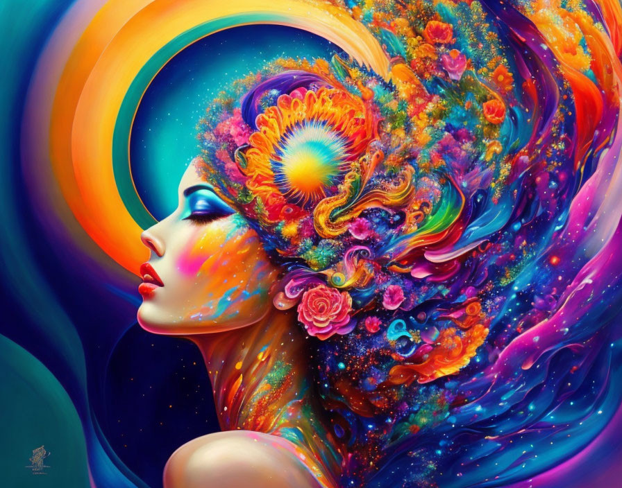 Colorful digital artwork: Woman with floral and cosmic elements in swirling hair