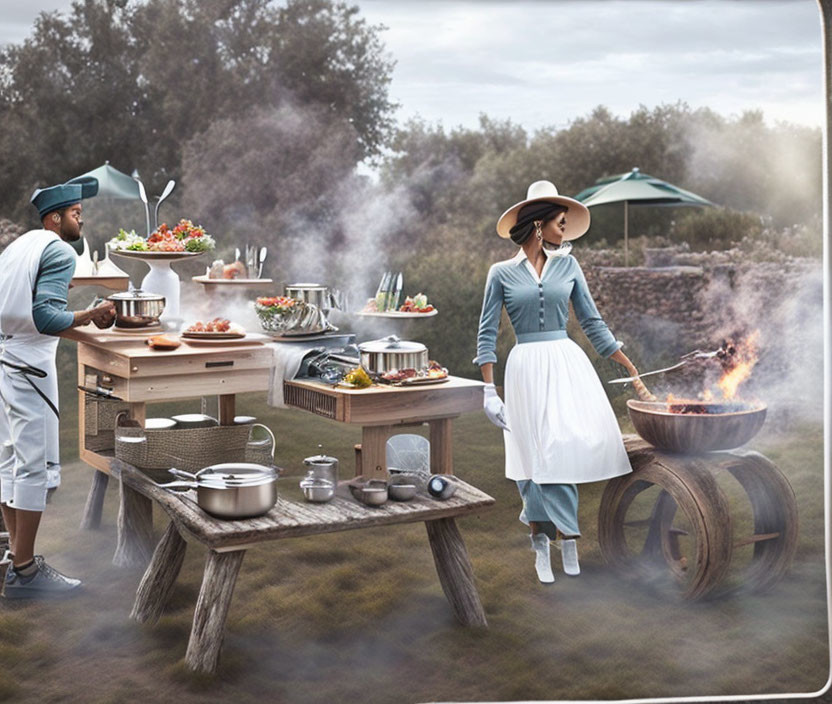 Woman in wide-brimmed hat stirring pot at rustic outdoor cooking setup