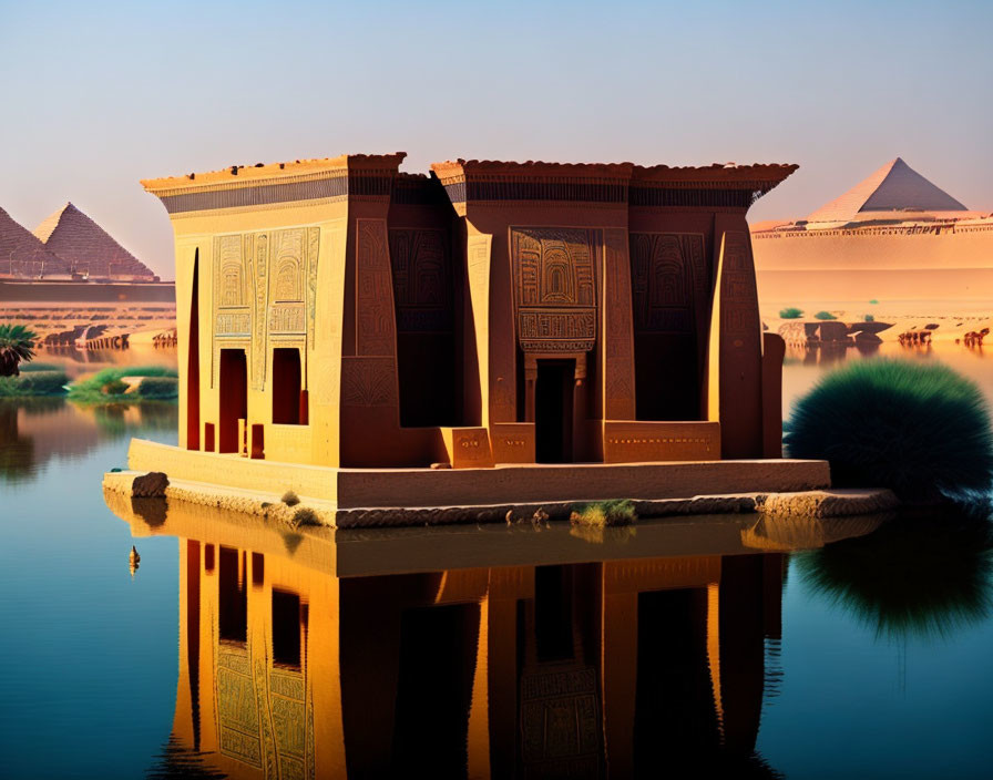 Ancient Egyptian building, Giza pyramids, serene sky reflected in water