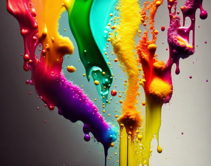 Colorful paint splashes frozen in motion on neutral backdrop