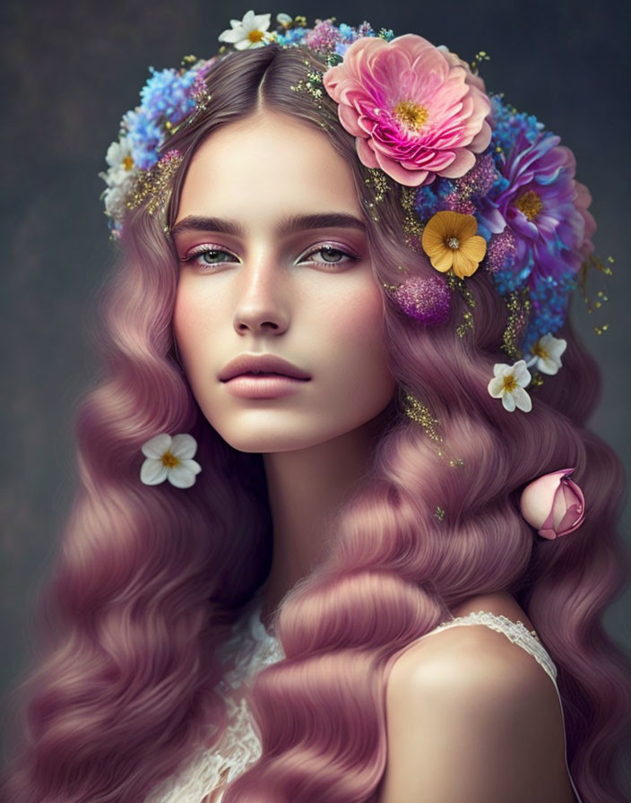 Woman with Wavy Pink Hair and Colorful Flower Adornments