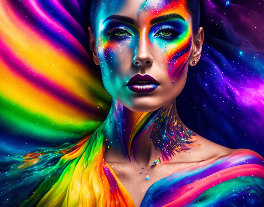 Vivid rainbow body paint woman in cosmic background