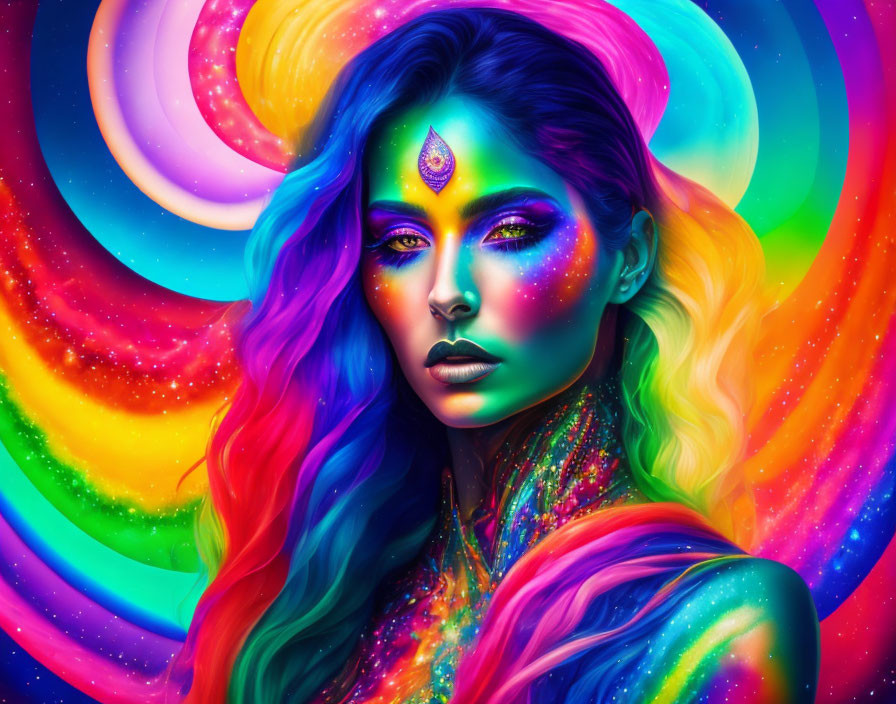 Colorful portrait of woman with rainbow hair and cosmic makeup on vibrant backdrop