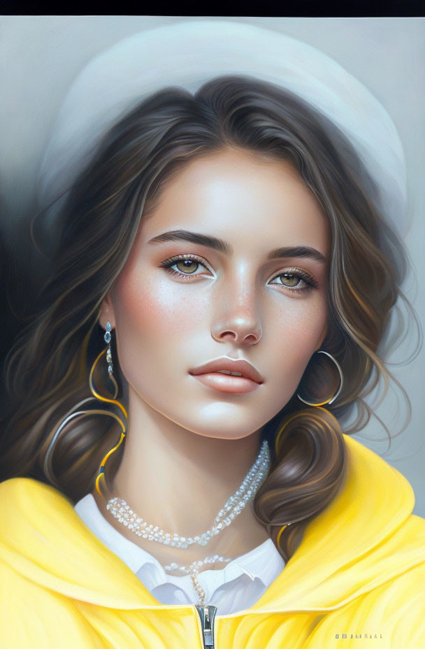 Young woman digital portrait: wavy brown hair, blue eyes, yellow jacket.