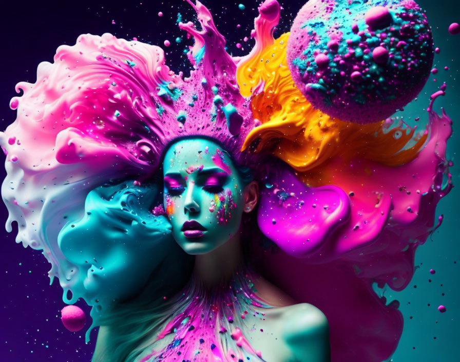 Vibrant woman surrounded by colorful paint splashes