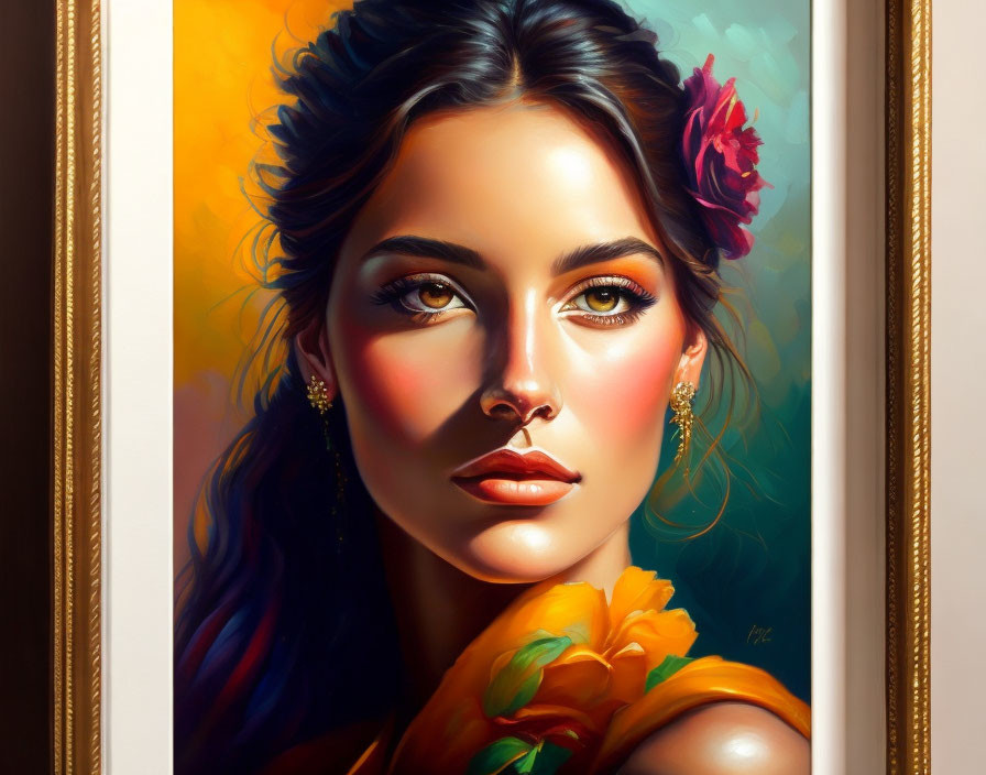 Colorful portrait of woman with floral hair adornment on gold frame