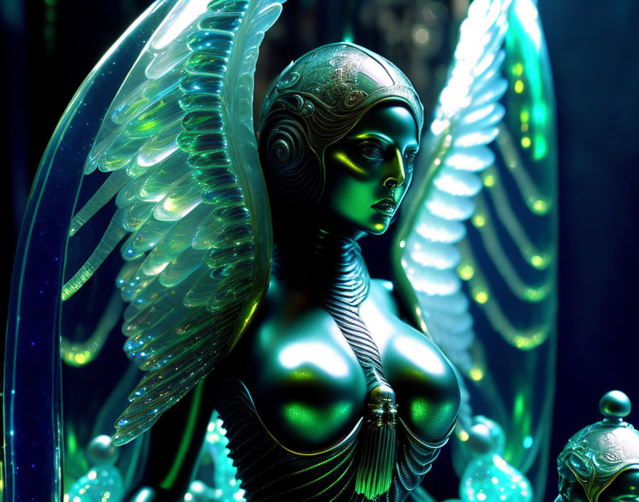 Luminous metallic female figure with intricate wings on dark blue-green backdrop