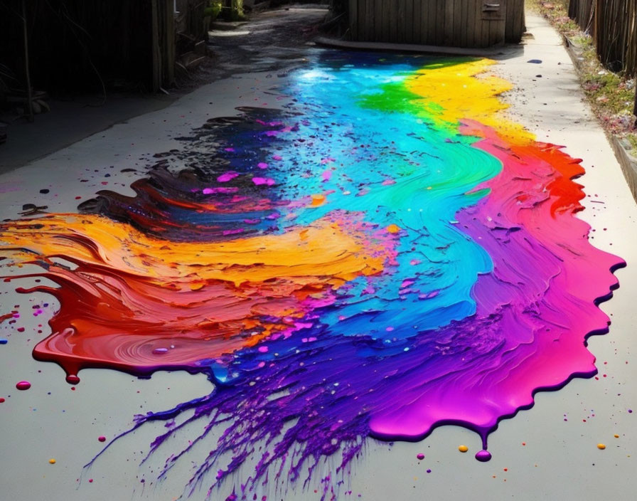 Rainbow-colored paint spill on concrete with red, orange, yellow, green, blue, and purple