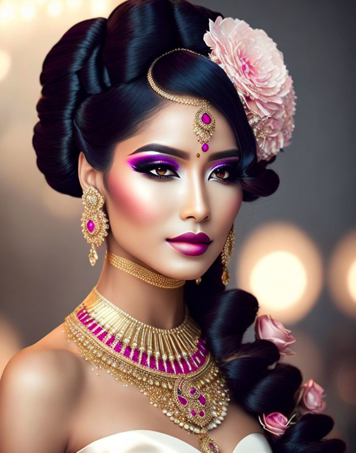 Elaborate Indian woman with gold jewelry and pink flower showcases traditional elegance.