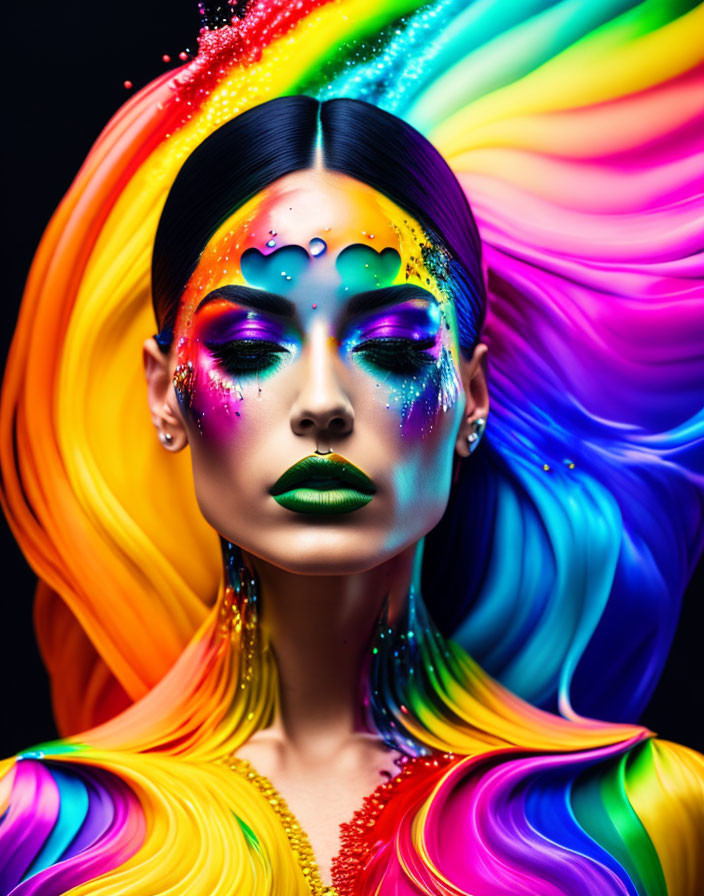 Colorful Rainbow Makeup and Hair on Woman Against Dark Background