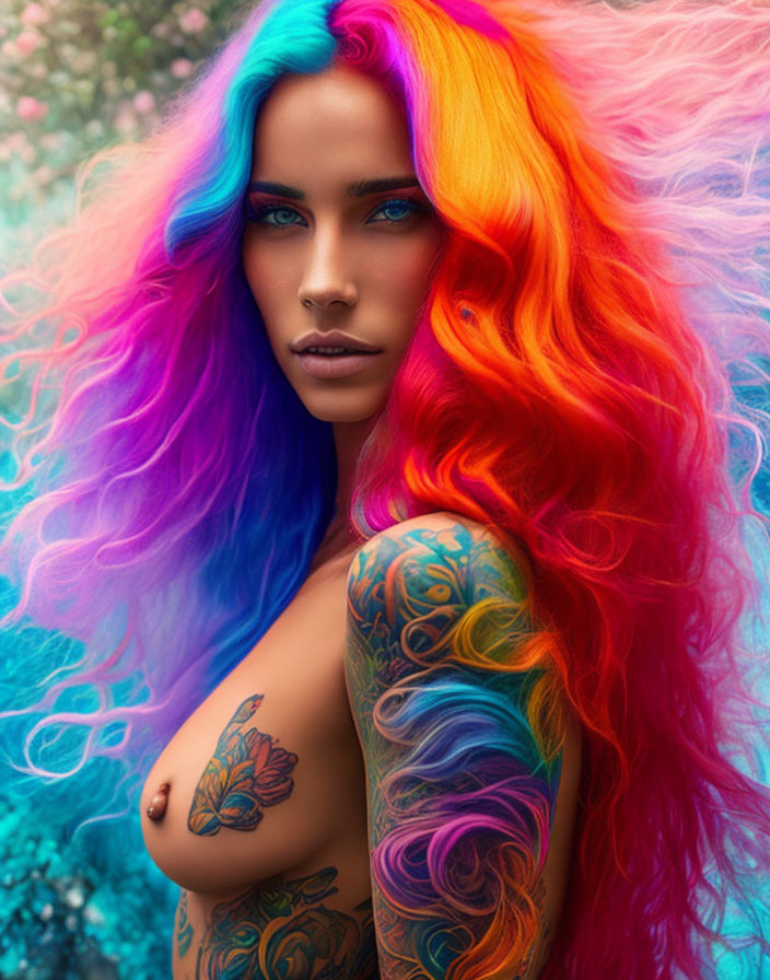 Rainbow-haired person with sleeve tattoos and butterfly tattoo in colorful setting