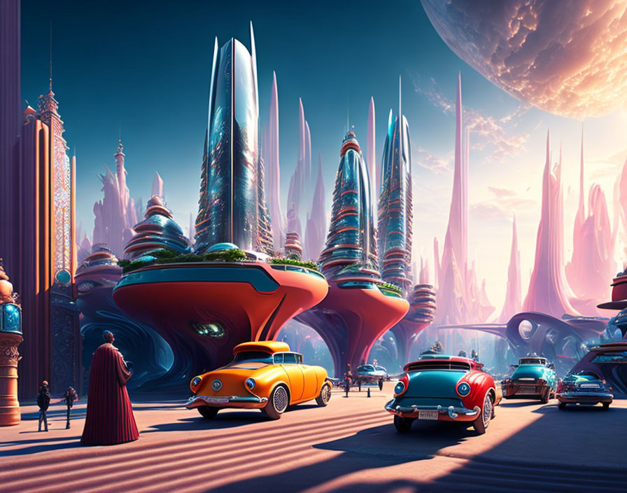 Sleek futuristic cityscape with retro-futuristic vehicles and alien planet in sky