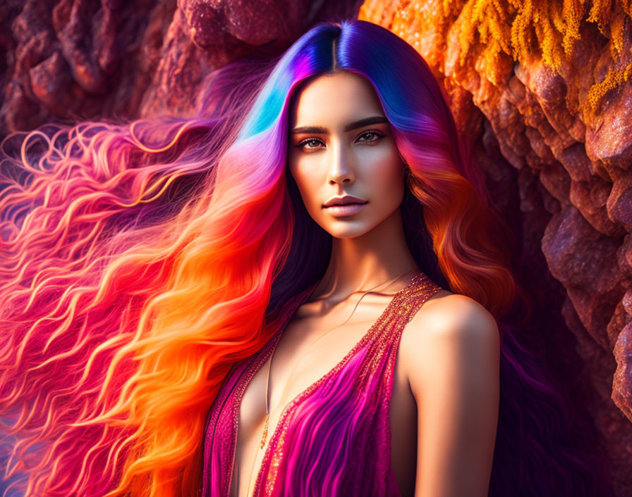 Vibrant rainbow-colored hair woman on textured orange backdrop