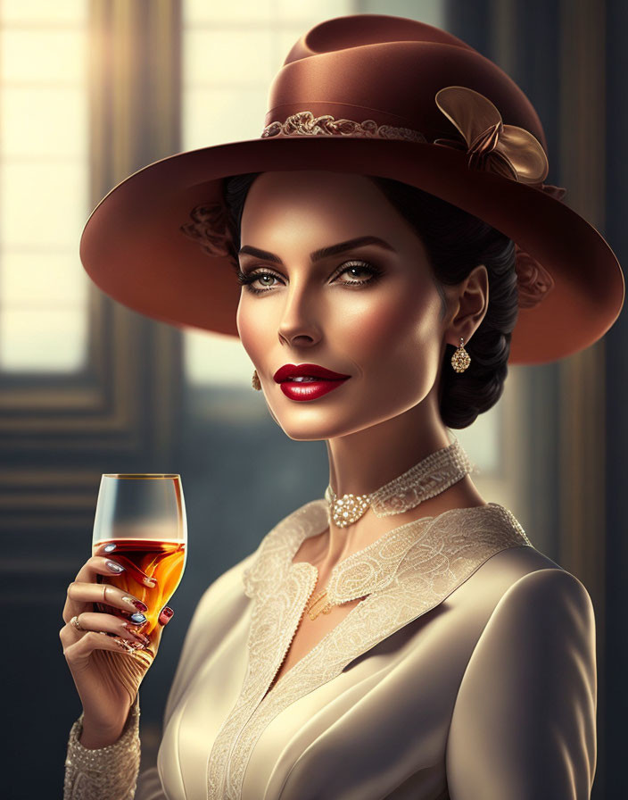 Vintage Attire Woman with Stylish Hat Holding Wine Glass